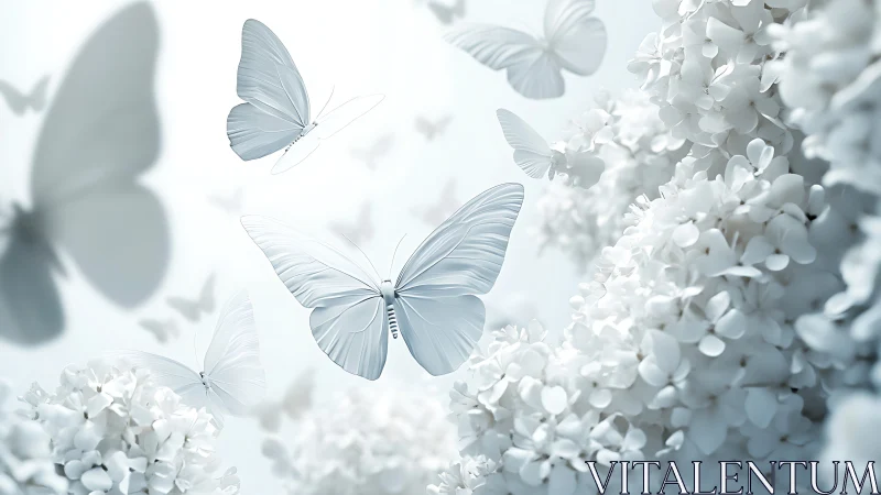White butterflies in soft-focus floral environment.