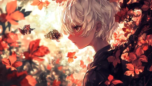 Autumn-lit profile of white-haired youth amid burning leaves.
