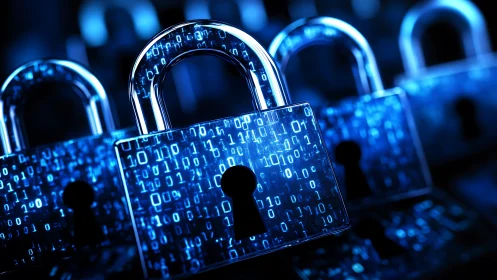 Binary-encrypted padlocks symbolizing layered cybersecurity defense.