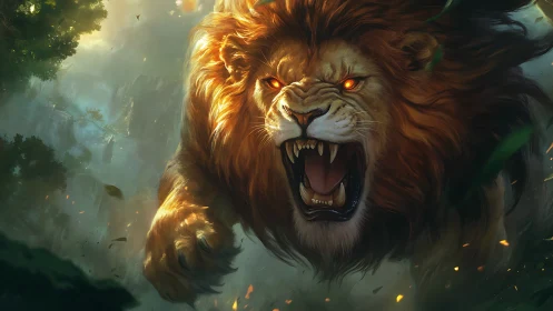 Hyper-detailed roaring lion with glowing eyes in dynamic jungle charge