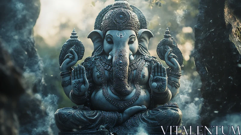 Sacred Ganesha statue rests peacefully in a misty forest shrine