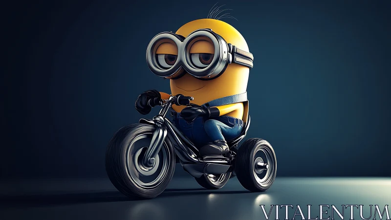 3D stylized yellow character on tricycle in studio lighting.