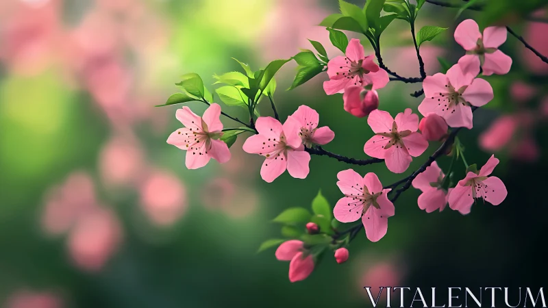 Pink Spring Blossoms on Dark Branch.