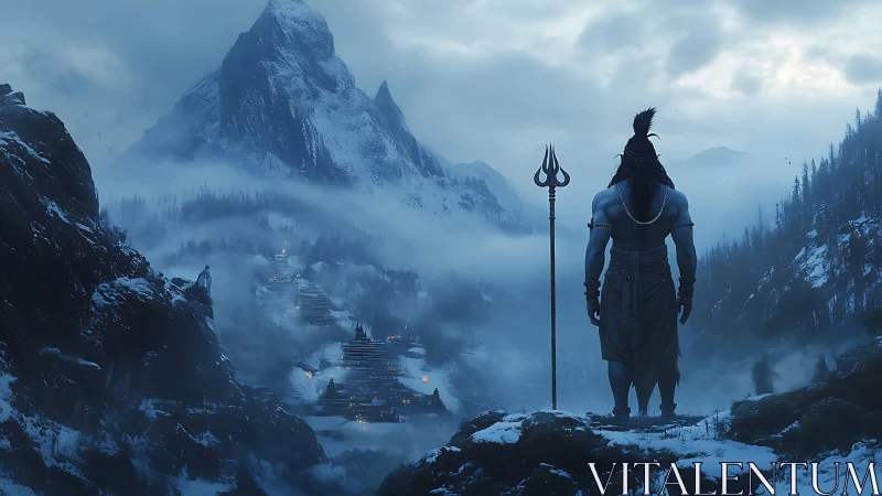 Mythic sentinel overlooking snowbound Himalayan citadel landscape.