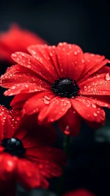 Red gerbera daisies with water droplets on dark background