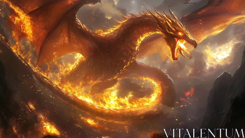 Infernal serpentine dragon coils through volcanic firestorm sky