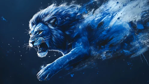 Roaring blue lion explodes into motion through abstract night