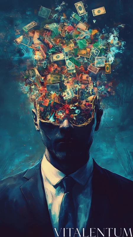 Man in suit with exploding cloud of money above head