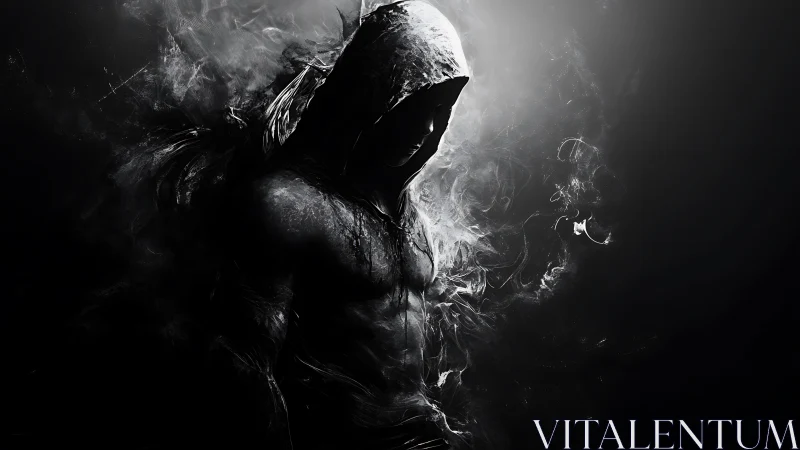 Hooded shadow figure emerges from swirling ethereal smoke.