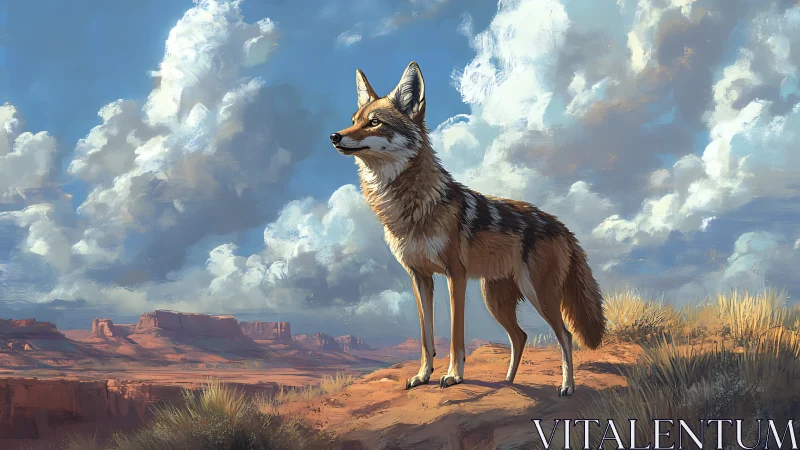 Coyote on sandstone ridge under cumulonimbus desert sky