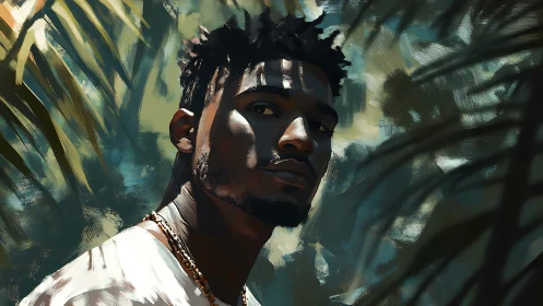 Sunlit portrait under tropical foliage with painterly shadows.