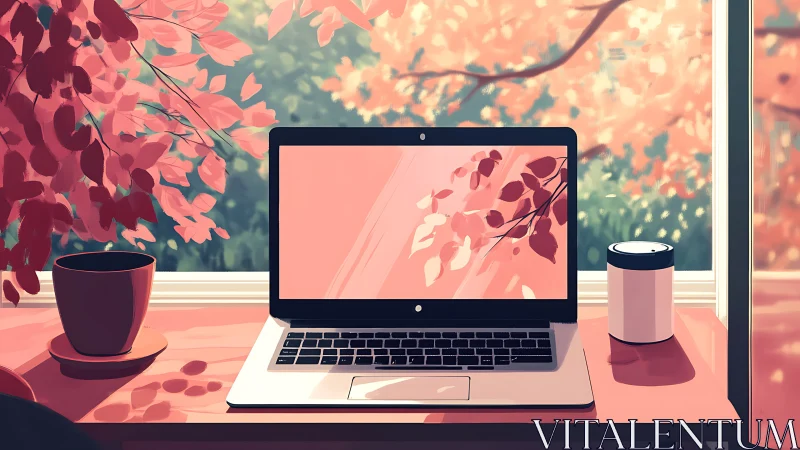 Sunlit laptop desk overlooks soft, dreamy autumn foliage.