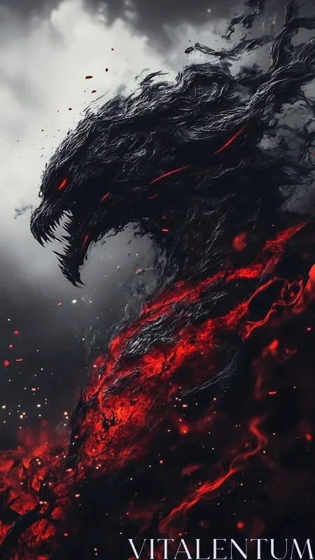 Shadowfire dragon erupts through stormlit volcanic smoke.