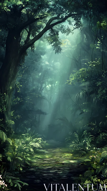 Misty Jungle Canopy with Ancient Trees and Ethereal Light