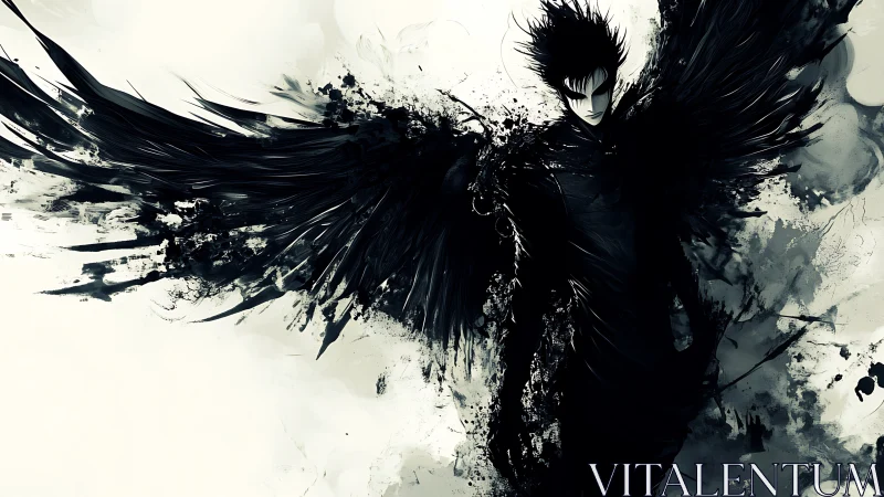 Shadow angel erupting in ink-splatter monochrome storm.