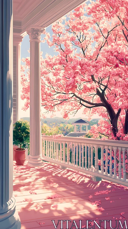 Sunlit veranda shows white columns beside pink blossom tree