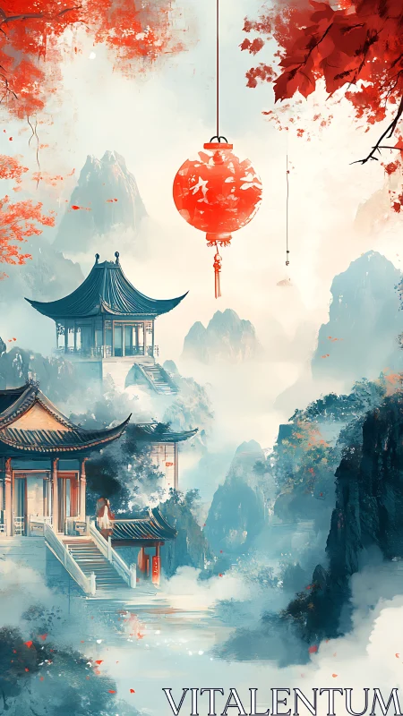Chinese mountainside temples with red lantern and foliage.
