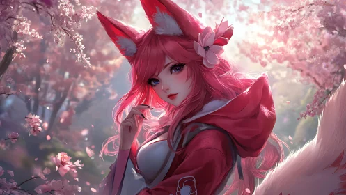 Fox-eared blossom wanderer under whispering sakura skies.