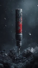 Suspended red power drill bit penetrates fractured debris field