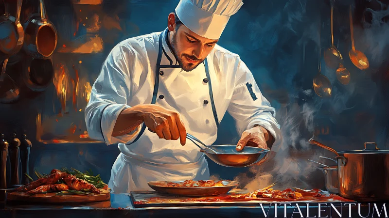 Gourmet chef plating sauced entr&eacute;es in dramatic kitchen light.