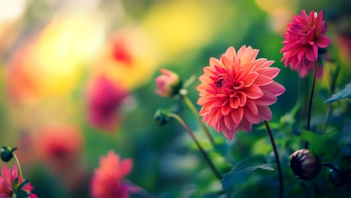 Soft-focus dahlia garden with vibrant coral and magenta blooms.