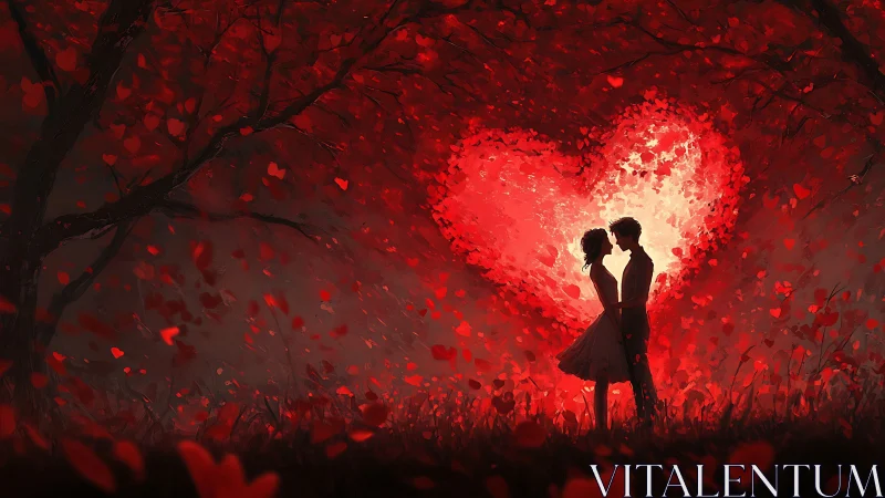 Silhouetted Couple Embracing Against Luminous Heart