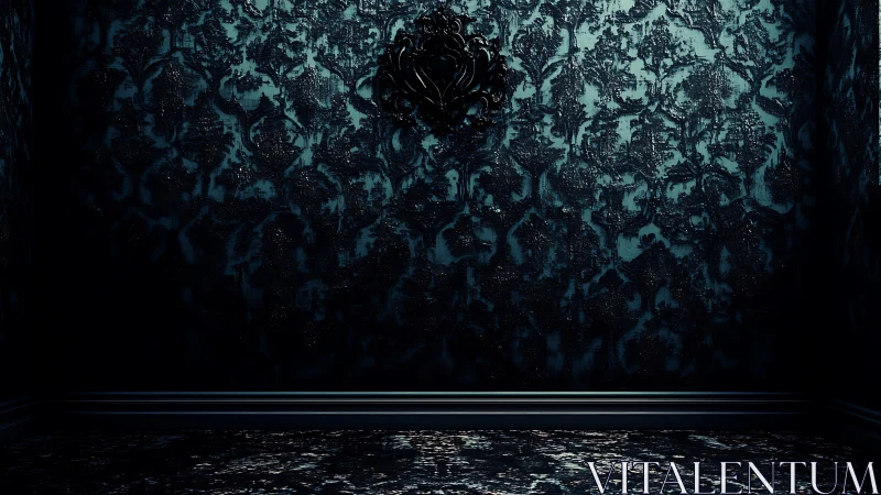 Dark ornate room shows glossy baroque damask wallpaper