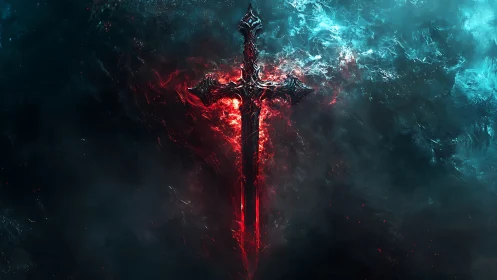 Runed crimson sword glows against turbulent cyan and black vortex