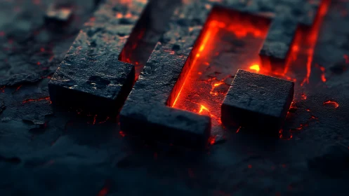 Molten glow beneath dark metal blocks in close view.