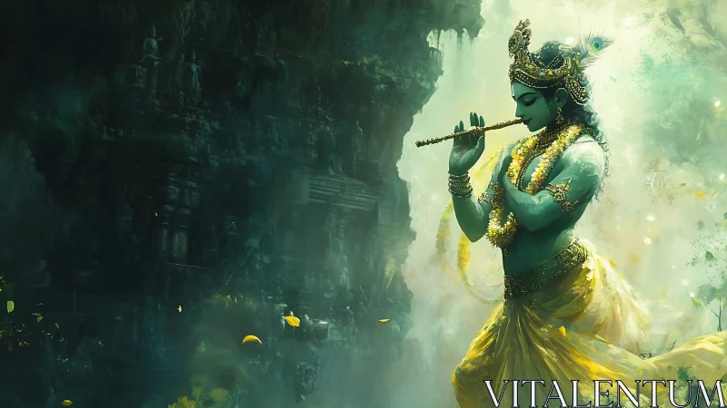 Blue-skinned deity playing flute before misty rock temple.