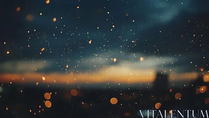 Golden dusk bokeh lights shimmer before dark city skyline