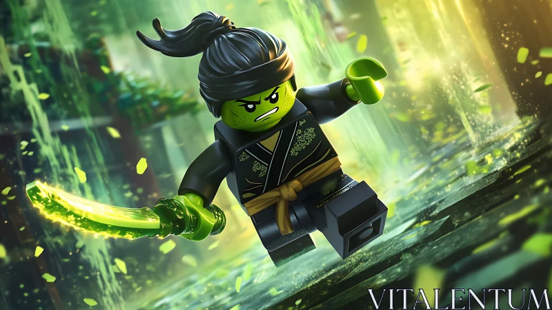 Green ninja minifigure slices through glowing forest light