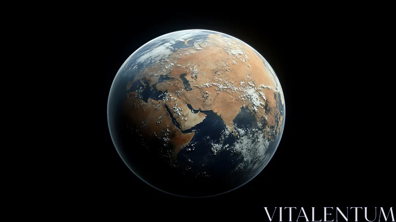 Planet Earth from space with arid continents and clouds.