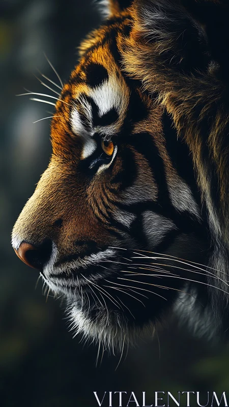 Tiger profile portrait shows focused gaze and fine whiskers