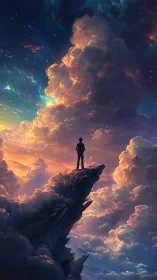 Stargazing dreamer stands atop glowing clouds at dusk