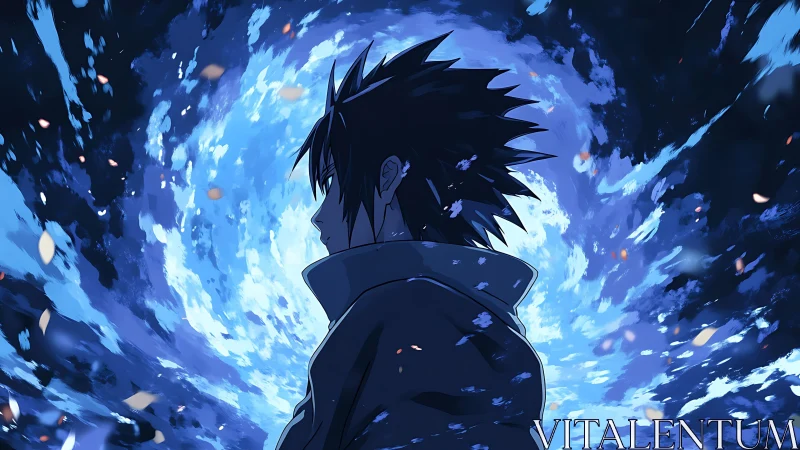 Stormlit anime wanderer pauses before a swirling blue sky