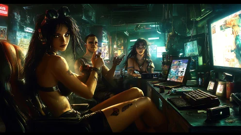 Neon-lit hackers share a tense cyberpunk gaming night together