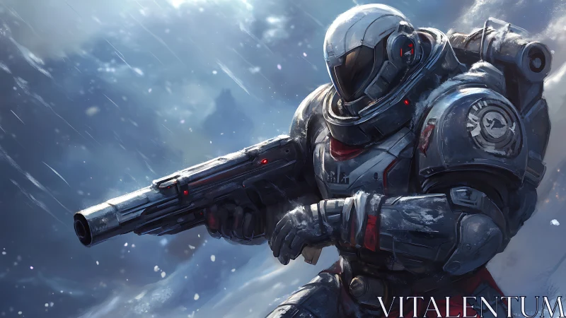 Armored space soldier advancing through icy blizzard frontline.