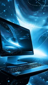 Futuristic desktop computer glows within swirling digital data