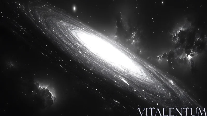 Tilted spiral galaxy glows in monochrome deep space field