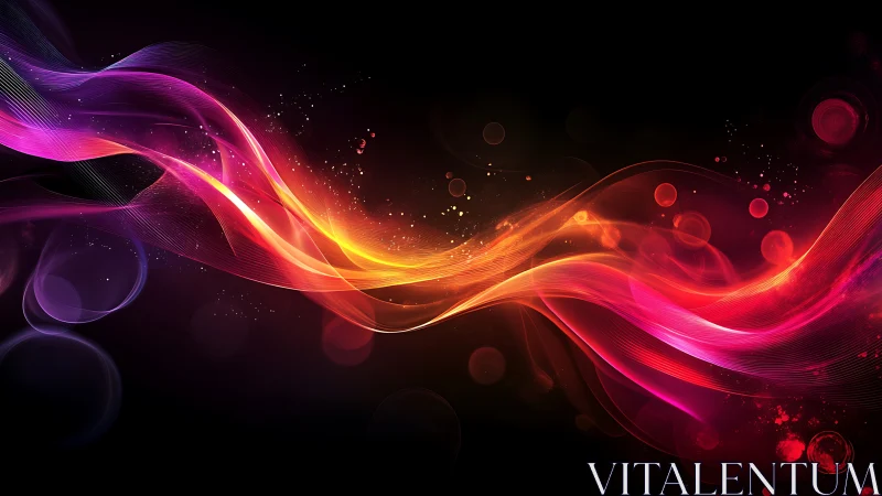 Neon light waves on black background with glowing particles.