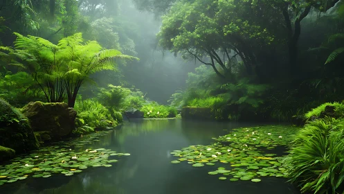 Misty jungle pond rests beneath lush emerald canopy