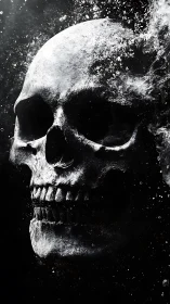 Monochrome human skull dissolving in high-contrast particles.
