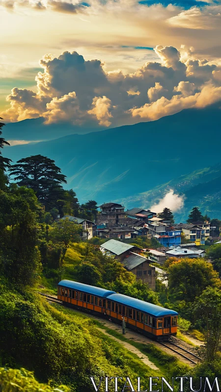Mountain train passes hillside village under dense clouds