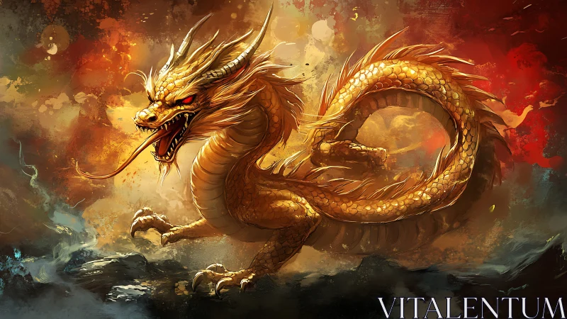 Golden storm dragon curls through firelit clouds of legend.