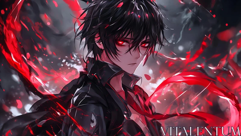 Crimson-eyed sorcerer wrapped in swirling red power.