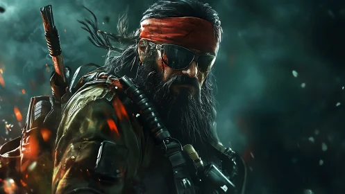 Bearded tactical operator portrait with weapon and gear.