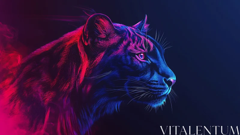 Neon edge-illuminated panther profile in dual chromatic spectrum.