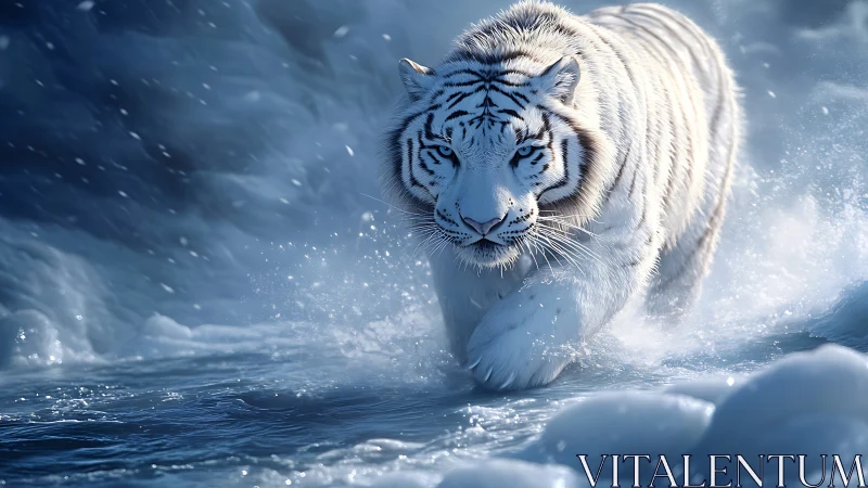 White tiger moving through shallow icy water in snowfall.