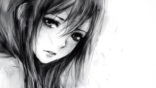 Melancholic monochrome anime girl close portrait study.